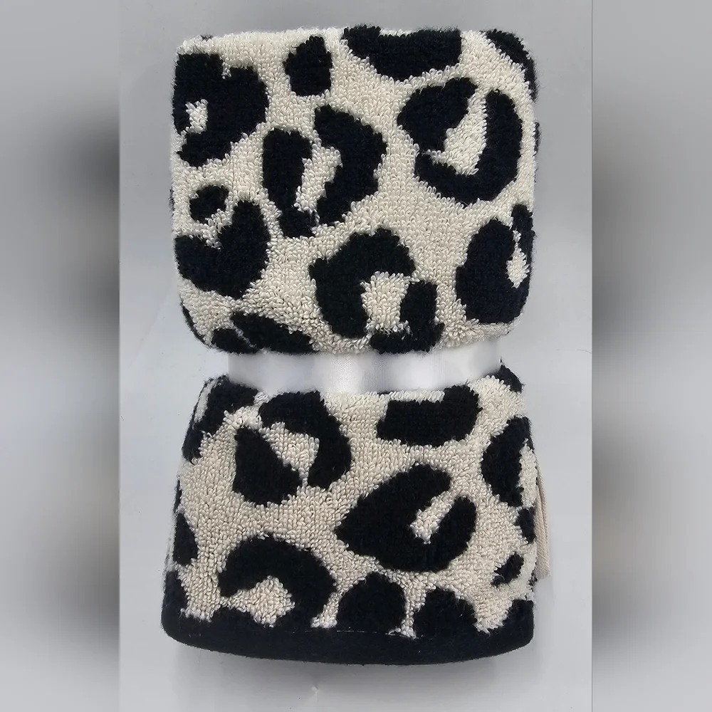 Rachel Zoe 2 Piece Leopard Print 100% Cotton Hand Towel Set Black White OEKO TEX